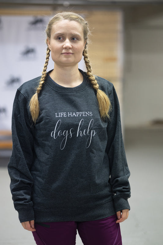 Collegepaita - Life Happens, Dogs Help, musta